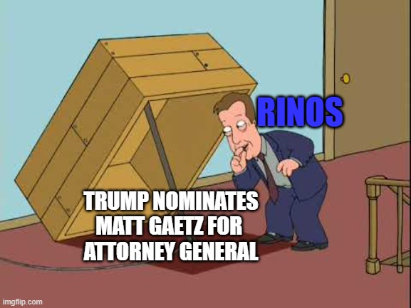 Got 'em | RINOS; TRUMP NOMINATES MATT GAETZ FOR 
ATTORNEY GENERAL | image tagged in box trap | made w/ Imgflip meme maker