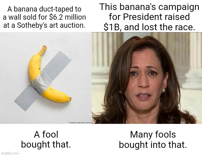 Fools and Their Money | This banana's campaign for President raised $1B, and lost the race. A banana duct-taped to a wall sold for $6.2 million at a Sotheby's art auction. A fool bought that. Many fools bought into that. | image tagged in banana art,kamala harris | made w/ Imgflip meme maker