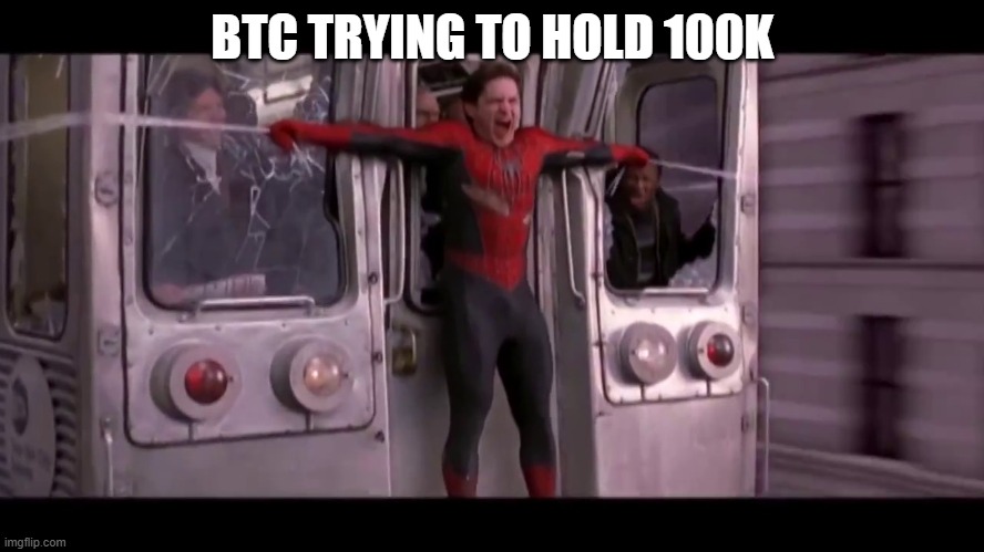 spiderman train | BTC TRYING TO HOLD 100K | image tagged in spiderman train | made w/ Imgflip meme maker