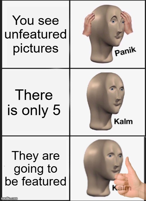 panic calm calm | You see unfeatured pictures; There is only 5; They are going to be featured | image tagged in memes,panik kalm panik | made w/ Imgflip meme maker