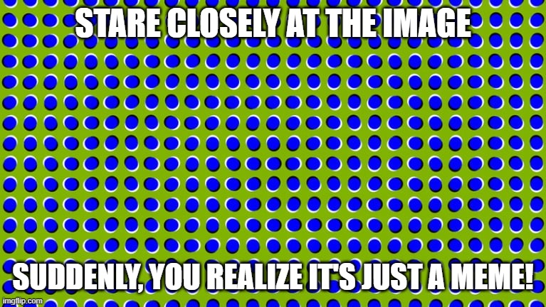 optical illusion | STARE CLOSELY AT THE IMAGE; SUDDENLY, YOU REALIZE IT'S JUST A MEME! | image tagged in optical illusion | made w/ Imgflip meme maker