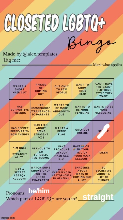 howd i do | he/him; straight | image tagged in closeted lgbtq bingo | made w/ Imgflip meme maker