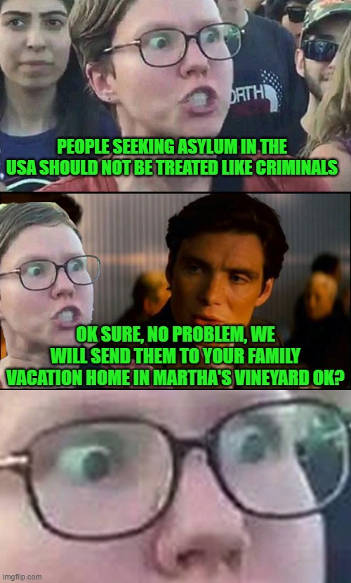 Wait a minute I changed my mind | PEOPLE SEEKING ASYLUM IN THE USA SHOULD NOT BE TREATED LIKE CRIMINALS; OK SURE, NO PROBLEM, WE WILL SEND THEM TO YOUR FAMILY VACATION HOME IN MARTHA'S VINEYARD OK? | image tagged in inception liberal,stupid liberals,sjw triggered,martha's vineyard | made w/ Imgflip meme maker