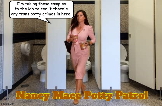 Nancy Mace Potty Patrol | I'm taking these samples to the lab to see if there's any trans potty crimes in here. Nancy Mace Potty Patrol | image tagged in nancy mace potty patrol,transphobia,nancy has her head in the toilet,dipshit,know shit,maga mischief | made w/ Imgflip meme maker