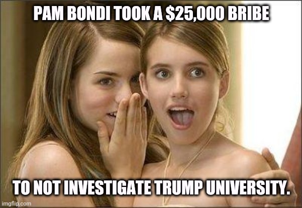 Endless Trump Corruption | PAM BONDI TOOK A $25,000 BRIBE; TO NOT INVESTIGATE TRUMP UNIVERSITY. | image tagged in girls gossiping,pam bondi,trump,corruption,bribe | made w/ Imgflip meme maker