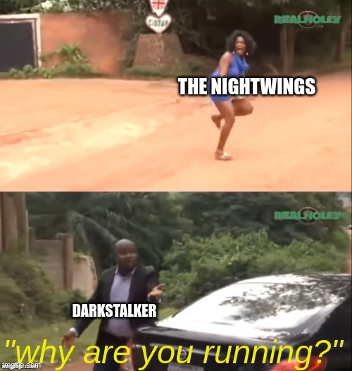 *Bad title* | THE NIGHTWINGS; DARKSTALKER; "why are you running?" | image tagged in why are you running,wof | made w/ Imgflip meme maker