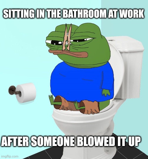 bathroom memes | SITTING IN THE BATHROOM AT WORK; AFTER SOMEONE BLOWED IT UP | image tagged in pepe the frog | made w/ Imgflip meme maker