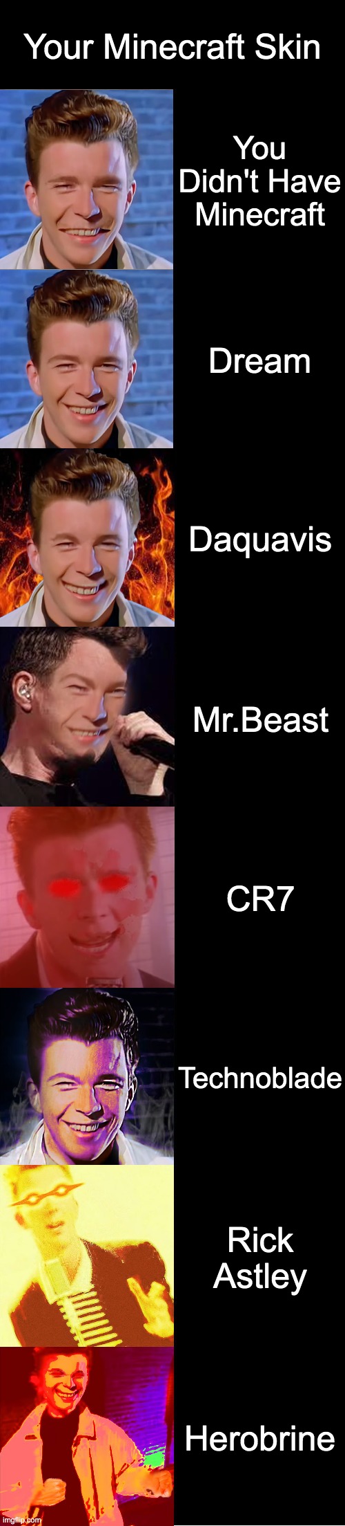 Rick Astley Becoming Evil : Your Minecraft Skin | Your Minecraft Skin; You Didn't Have Minecraft; Dream; Daquavis; Mr.Beast; CR7; Technoblade; Rick Astley; Herobrine | image tagged in rick astley becoming evil | made w/ Imgflip meme maker