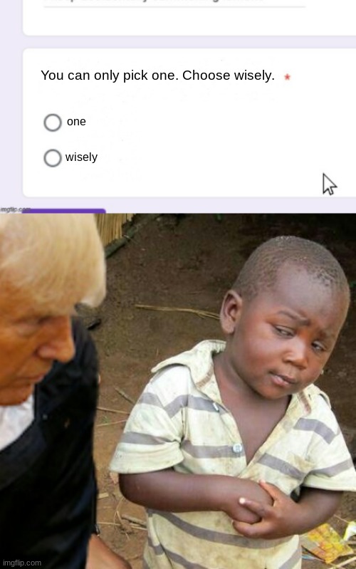 You can only pick one. Choose wisely. one; wisely | image tagged in third world skeptical kid w/ the donald | made w/ Imgflip meme maker