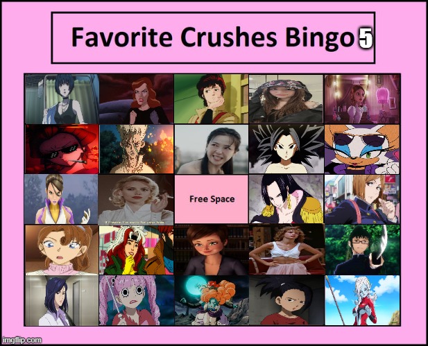 favorite crushes bingo 5 | 5 | image tagged in favorite crushes bingo,bingo,anime,video games,comics/cartoons,movies | made w/ Imgflip meme maker