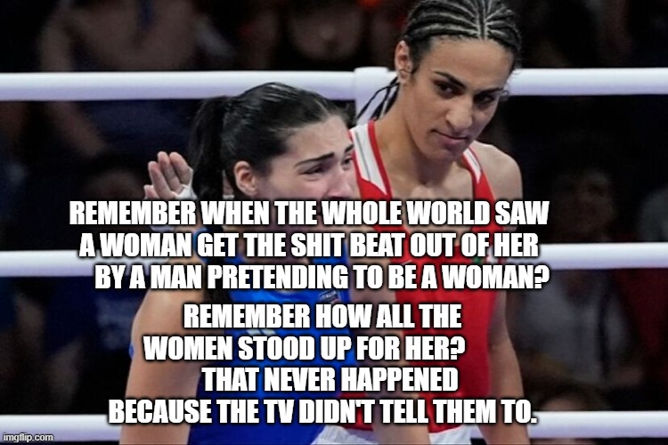 Imane khelif | REMEMBER WHEN THE WHOLE WORLD SAW A WOMAN GET THE SHIT BEAT OUT OF HER       BY A MAN PRETENDING TO BE A WOMAN? REMEMBER HOW ALL THE WOMEN STOOD UP FOR HER?       
   THAT NEVER HAPPENED BECAUSE THE TV DIDN'T TELL THEM TO. | image tagged in imane khelif | made w/ Imgflip meme maker