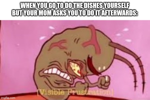 Visible Frustration | WHEN YOU GO TO DO THE DISHES YOURSELF BUT YOUR MOM ASKS YOU TO DO IT AFTERWARDS: | image tagged in visible frustration | made w/ Imgflip meme maker