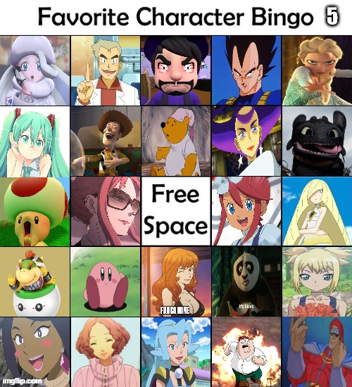 favorite character bingo 5 | image tagged in character bingo 5,favorite character,bingo,videogames,animated movies,anime | made w/ Imgflip meme maker