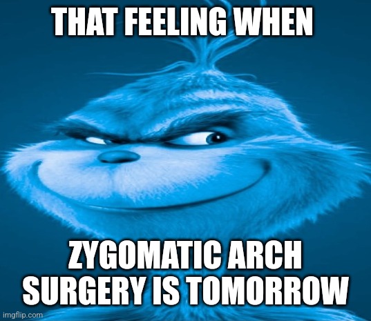 Bored | THAT FEELING WHEN; ZYGOMATIC ARCH SURGERY IS TOMORROW | image tagged in blue grinch | made w/ Imgflip meme maker