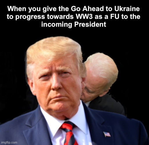 Authorizing use of long range missiles is not a coincidence | When you give the Go Ahead to Ukraine 
to progress towards WW3 as a FU to the 
incoming President | image tagged in trump biden sniff | made w/ Imgflip meme maker