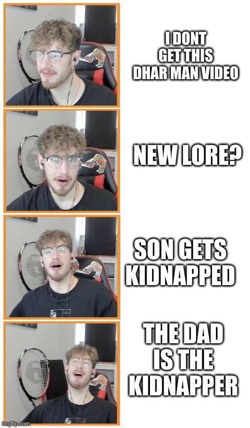 Sockfor1 Dhar Man | I DONT GET THIS DHAR MAN VIDEO; NEW LORE? SON GETS KIDNAPPED; THE DAD IS THE KIDNAPPER | image tagged in socksfor1 meme template | made w/ Imgflip meme maker