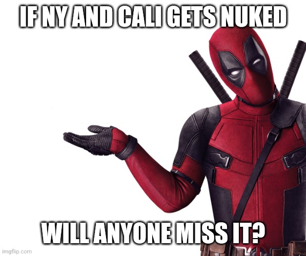 Deadpool Head Tilt Squint Funny Look Question | IF NY AND CALI GETS NUKED WILL ANYONE MISS IT? | image tagged in deadpool head tilt squint funny look question | made w/ Imgflip meme maker