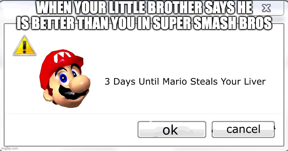 3 days until Mario steals your liver | WHEN YOUR LITTLE BROTHER SAYS HE IS BETTER THAN YOU IN SUPER SMASH BROS | image tagged in 3 days until mario steals your liver | made w/ Imgflip meme maker