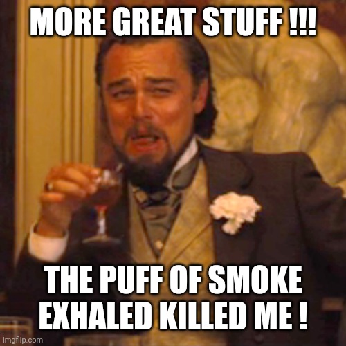 Laughing Leo Meme | MORE GREAT STUFF !!! THE PUFF OF SMOKE EXHALED KILLED ME ! | image tagged in memes,laughing leo | made w/ Imgflip meme maker