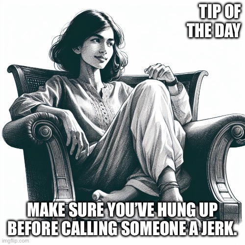 Hang Up | TIP OF THE DAY; MAKE SURE YOU’VE HUNG UP BEFORE CALLING SOMEONE A JERK. | image tagged in woman sitting in an armchair | made w/ Imgflip meme maker