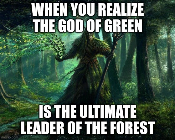 green god | WHEN YOU REALIZE THE GOD OF GREEN; IS THE ULTIMATE LEADER OF THE FOREST | image tagged in green god | made w/ Imgflip meme maker