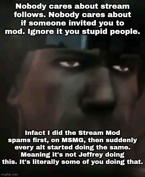 It could be anyone. But the first thing that should come in mind is to IGNORE it. | Nobody cares about stream follows. Nobody cares about if someone invited you to mod. Ignore it you stupid people. Infact I did the Stream Mod spams first, on MSMG, then suddenly every alt started doing the same. Meaning it's not Jeffrey doing this. It's literally some of you doing that. | made w/ Imgflip meme maker