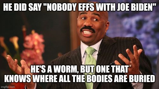 HE DID SAY "NOBODY EFFS WITH JOE BIDEN" HE'S A WORM, BUT ONE THAT KNOWS WHERE ALL THE BODIES ARE BURIED | image tagged in memes,steve harvey | made w/ Imgflip meme maker