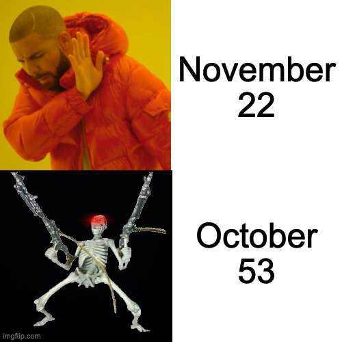 Drake Hotline Bling | November 22; October 53 | image tagged in memes,drake hotline bling | made w/ Imgflip meme maker