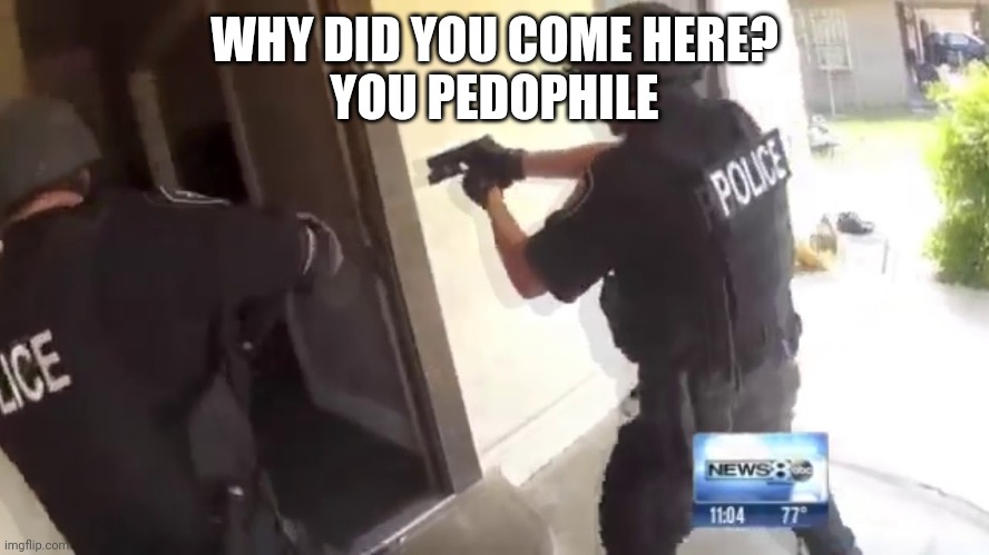 FBI OPEN UP | WHY DID YOU COME HERE?
YOU PEDOPHILE | image tagged in fbi open up | made w/ Imgflip meme maker