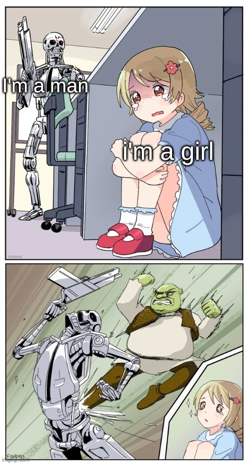 I just wanted to use this | I'm a man; i'm a girl | image tagged in shrek killing terminator | made w/ Imgflip meme maker