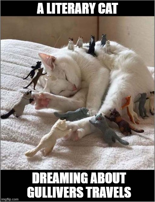 Lilliputian Hallucinations | A LITERARY CAT; DREAMING ABOUT GULLIVERS TRAVELS | image tagged in cats,gullivers travels | made w/ Imgflip meme maker