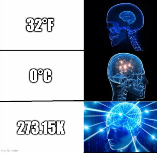 Smort. | 32°F; 0°C; 273.15K | image tagged in galaxy brain 3 brains,science,smort,temperature | made w/ Imgflip meme maker