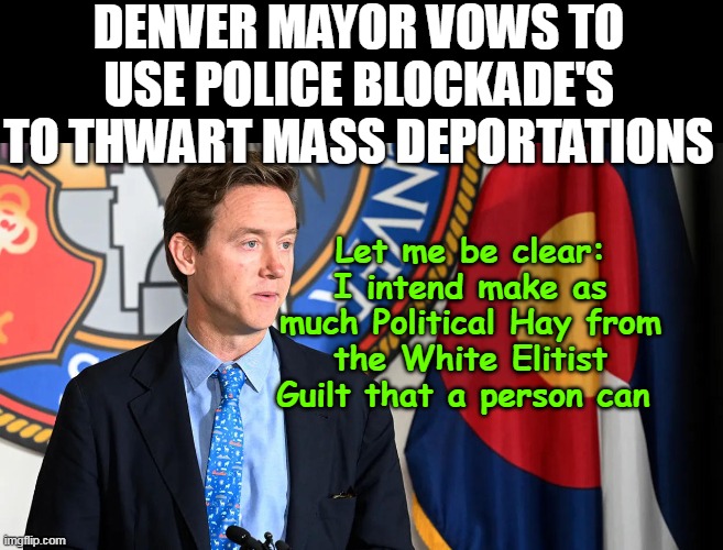 Screw em The ones that matter have gates and bodyguards | DENVER MAYOR VOWS TO USE POLICE BLOCKADE'S TO THWART MASS DEPORTATIONS; Let me be clear: I intend make as much Political Hay from the White Elitist Guilt that a person can | image tagged in denver mayor blocking mass deportation meme | made w/ Imgflip meme maker