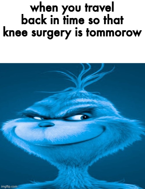 Blue Grinch | when you travel back in time so that knee surgery is tommorow | image tagged in blue grinch | made w/ Imgflip meme maker