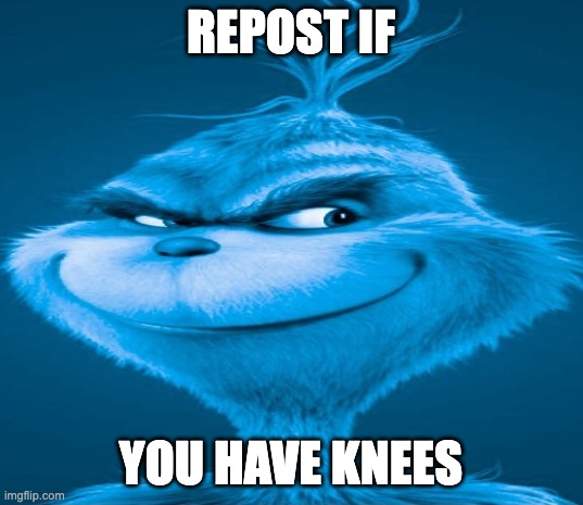 idk | REPOST IF; YOU HAVE KNEES | image tagged in blue grinch,memes,funny,knee surgery,idk,oh wow are you actually reading these tags | made w/ Imgflip meme maker