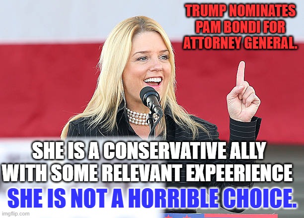 She will be easier to confirm. | TRUMP NOMINATES PAM BONDI FOR ATTORNEY GENERAL. SHE IS A CONSERVATIVE ALLY WITH SOME RELEVANT EXPEERIENCE; SHE IS NOT A HORRIBLE CHOICE. | image tagged in pam bondi | made w/ Imgflip meme maker