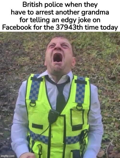 Funy jokes are ill-eagle in uk | British police when they have to arrest another grandma for telling an edgy joke on Facebook for the 37943th time today | made w/ Imgflip meme maker