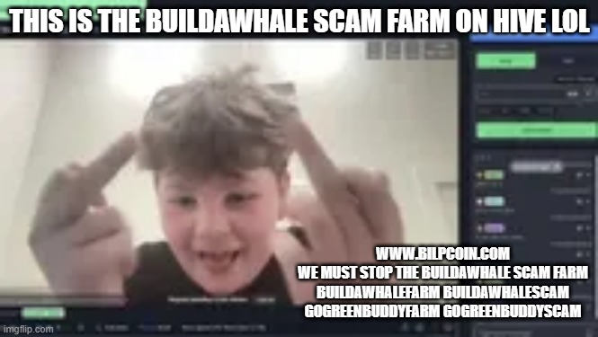 THIS IS THE BUILDAWHALE SCAM FARM ON HIVE LOL; WWW.BILPCOIN.COM
WE MUST STOP THE BUILDAWHALE SCAM FARM
BUILDAWHALEFARM BUILDAWHALESCAM
GOGREENBUDDYFARM GOGREENBUDDYSCAM | made w/ Imgflip meme maker