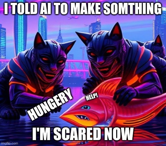 I TOLD AI TO MAKE SOMTHING; HELP! HUNGERY; I'M SCARED NOW | image tagged in funny,ai meme,scary,neon | made w/ Imgflip meme maker