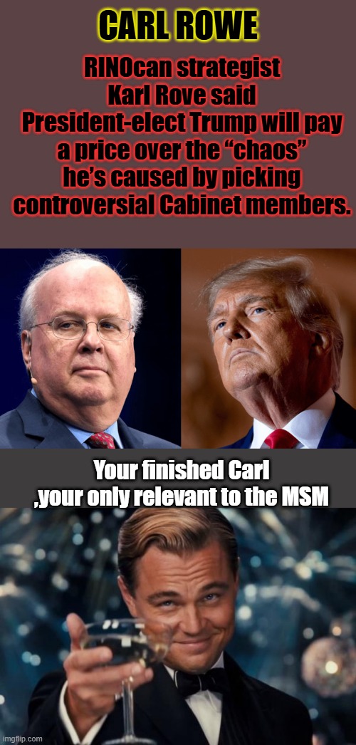 RINOcan strategist Karl Rove said President-elect Trump will pay a price over the “chaos” he’s caused by picking controversial Cabinet members. CARL ROWE; Your finished Carl ,your only relevant to the MSM | image tagged in memes,leonardo dicaprio cheers | made w/ Imgflip meme maker