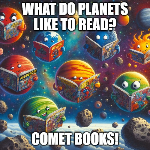 Space Jokes | WHAT DO PLANETS LIKE TO READ? COMET BOOKS! | image tagged in dad joke,outer space,funny,planets,jokes | made w/ Imgflip meme maker