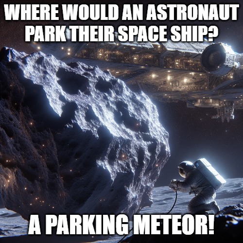 Space Jokes | WHERE WOULD AN ASTRONAUT PARK THEIR SPACE SHIP? A PARKING METEOR! | image tagged in fun | made w/ Imgflip meme maker