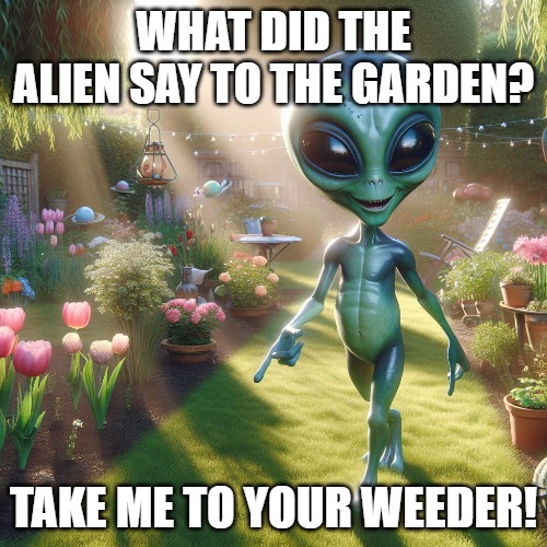 Space Jokes | WHAT DID THE ALIEN SAY TO THE GARDEN? TAKE ME TO YOUR WEEDER! | image tagged in outer space,dad joke,alien,silly | made w/ Imgflip meme maker