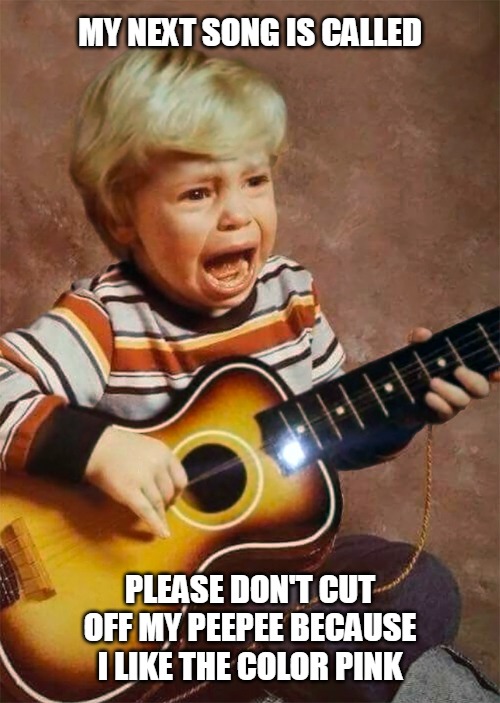 kid crying holding guitar, it's controversial and yet so brave | MY NEXT SONG IS CALLED; PLEASE DON'T CUT OFF MY PEEPEE BECAUSE I LIKE THE COLOR PINK | image tagged in kid guitar crying,pink,trans,controversial,brave | made w/ Imgflip meme maker