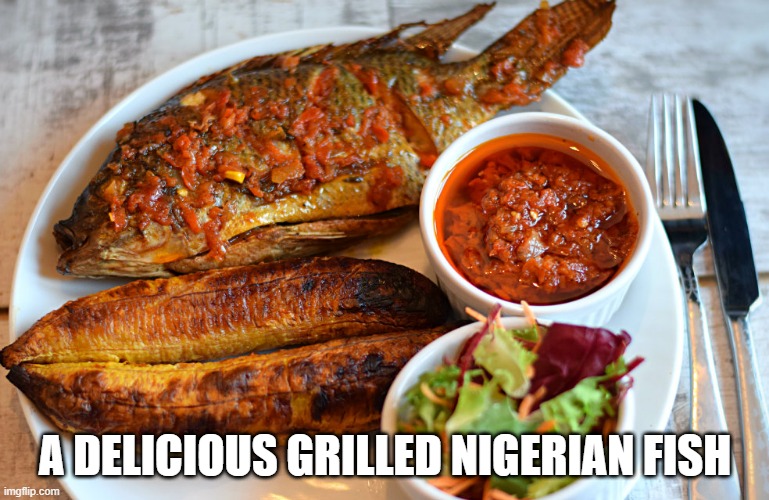 Nigerian Fish | A DELICIOUS GRILLED NIGERIAN FISH | image tagged in food | made w/ Imgflip meme maker