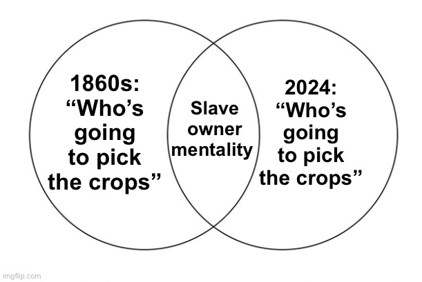 Democrats didn’t evolve much | 2024:
“Who’s going to pick the crops”; Slave owner mentality; 1860s:
“Who’s going to pick the crops” | image tagged in venn diagram,politics lol,memes | made w/ Imgflip meme maker