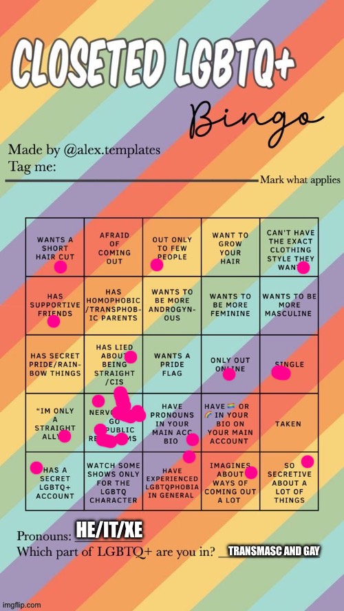 :D | HE/IT/XE; TRANSMASC AND GAY | image tagged in closeted lgbtq bingo | made w/ Imgflip meme maker