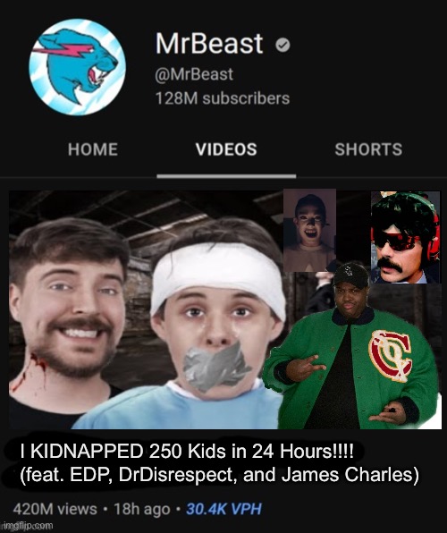 dogpack404 worked for this alternate version of mrbeast | I KIDNAPPED 250 Kids in 24 Hours!!!! (feat. EDP, DrDisrespect, and James Charles) | image tagged in mrbeast thumbnail template | made w/ Imgflip meme maker