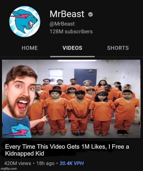 upvote begging mrbest | Every Time This Video Gets 1M Likes, I Free a
Kidnapped Kid | image tagged in mrbeast thumbnail template | made w/ Imgflip meme maker