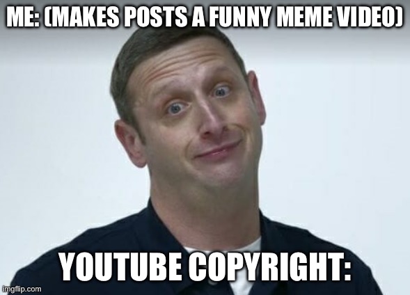 PLEASE WHY????! | ME: (MAKES POSTS A FUNNY MEME VIDEO); YOUTUBE COPYRIGHT: | image tagged in tim robinson are you sure about that | made w/ Imgflip meme maker